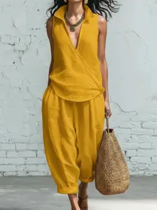 2026 New Women's Spring Summer Linen Suit, Sleeveless Loose-Fit Turn-Down Collar Shirt & Wide Leg Pants, Casual All-Season Fashion