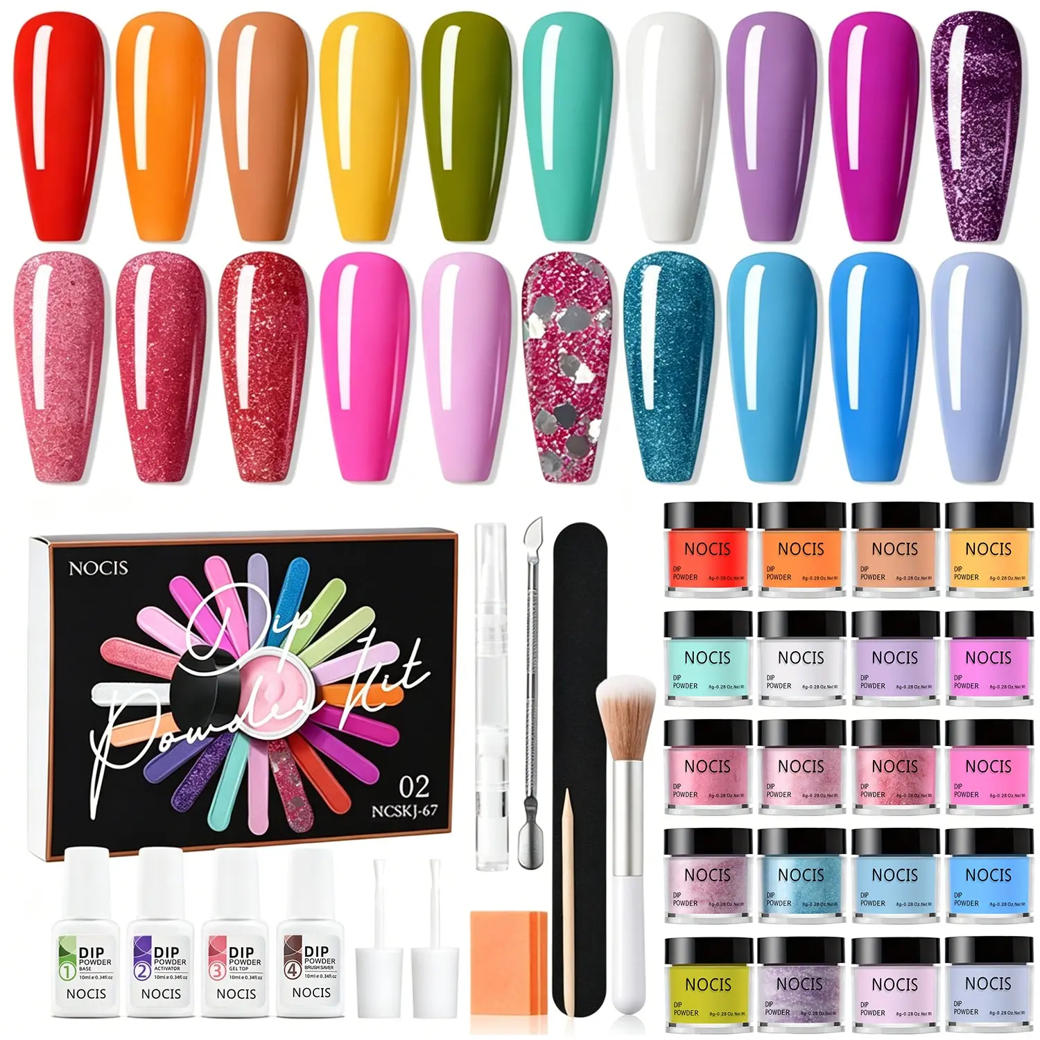 Nail Dip Powder Kit, 20+4 Colors, 8g Per Jar, Includes Base Coat, Drying Agent, Top Coat, Remover, Pre-Treatment Tools, Home Salon Quality