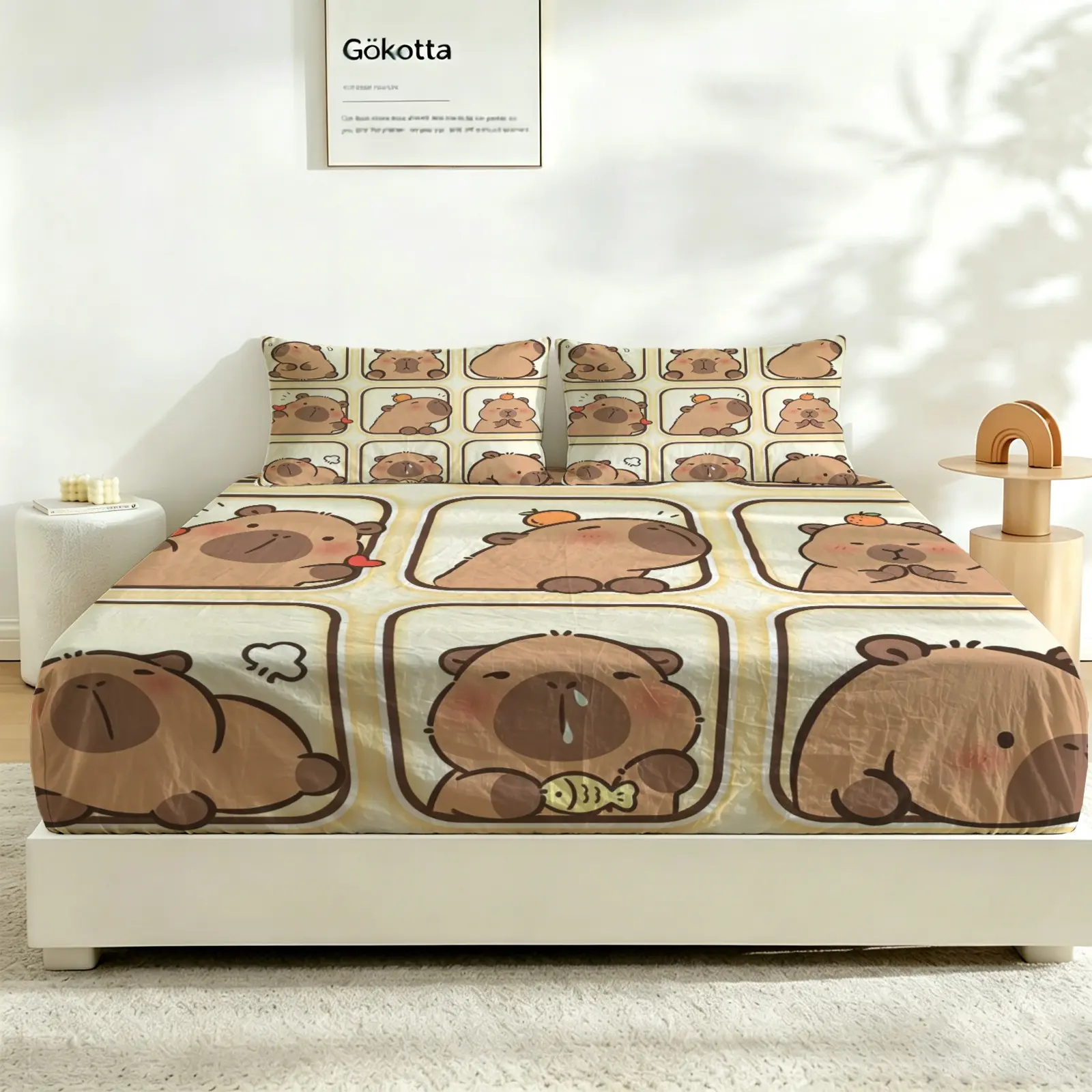 3Pcs Cute Capybara Printed Fitted Sheet Set, No Fillers Bedding Set, warm lovely vibe, back-to-school essential for students, great for bedroom and dorm daily use