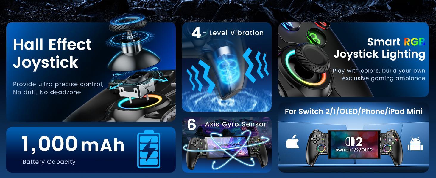 BEBONCOOL Switch/Switch2 Controller Compatible With Nintendo Switch 2/1/OLED With Hall Joystick LED, Wireless One-Piece Handheld Mobile Phone Controller for iPhone Android Support Xbox Cloud, Steam Link, GeForce Now