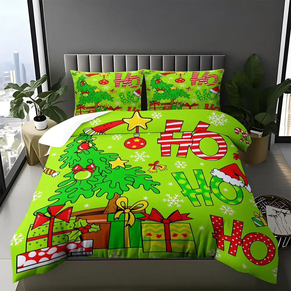 2/3Pcs Christmas Ho Ho Ho Duvet Cover Set, Festive Holiday Bedding Set for Kids & Teens, Xmas Tree & Gift Print Duvet Cover with Matching Pillowcase, Soft Bedroom Decor No Fillers