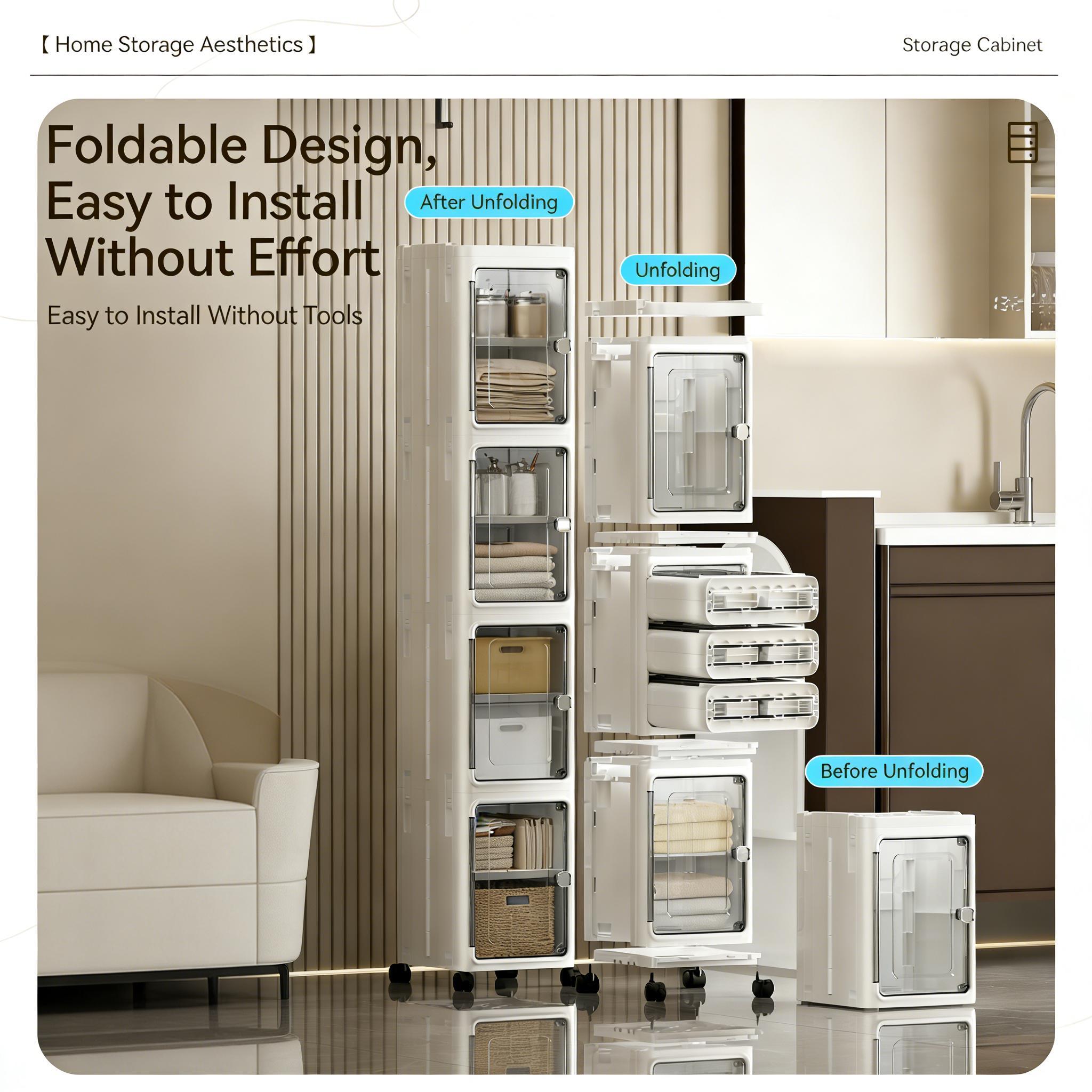 Narrow Gap Storage Organizer Foldable Cabinet Magnetic Sealed Door Universal Wheels Dustproof Moistureproof for Bathroom Kitchen