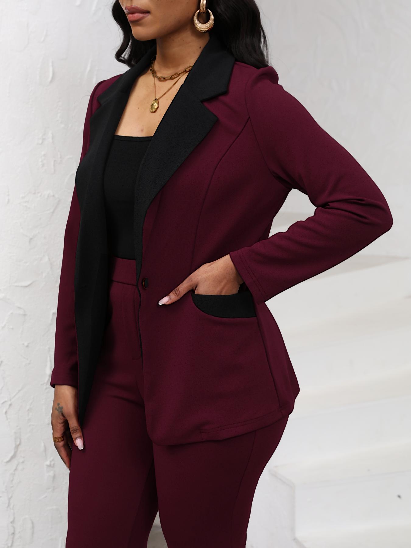 Women's Colorblock Blazer & Straight Leg Pants Set, Elegant Two-piece Set for Work Office Business, Ladies' Suits for All Seasons