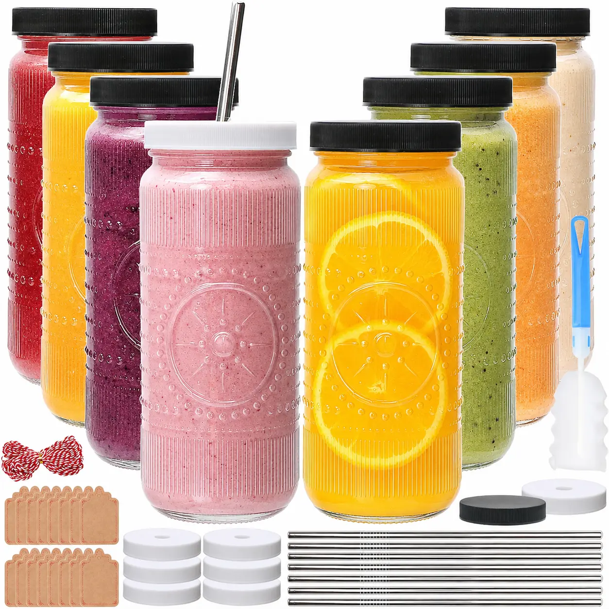 8 Pack 16oz Glass Juice Bottles with Lids and Straws, Reusable Juicing Bottles for Smoothies, Kombucha, Water, Iced Coffee & Travel,cooler,accessory,
