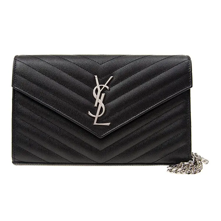 Saint Laurent YSL Cassandre Crossbody Bag for Women, Silver-Tone Hardware, Detachable Metal Chain, Black Leather