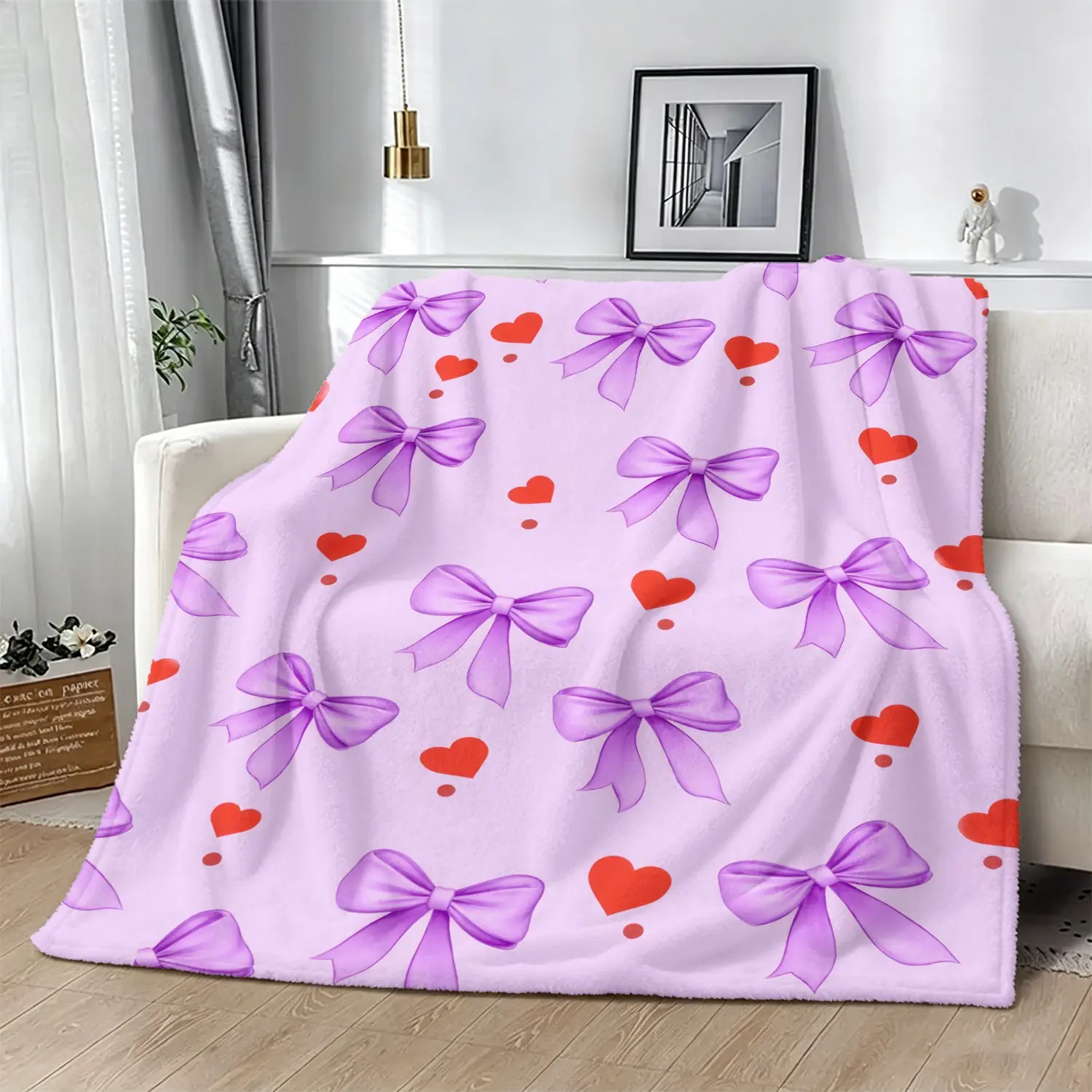 Glossy Satin Purple Bow Mini Red Heart Pale Lilac Flannel Throw, Foldable Camping Blanket & Cozy Lap Throw for Backyard Girls Casual Hangout Party, Outdoor Leisure Camping, Home Lounging, Gift for Teen Girl Birthday