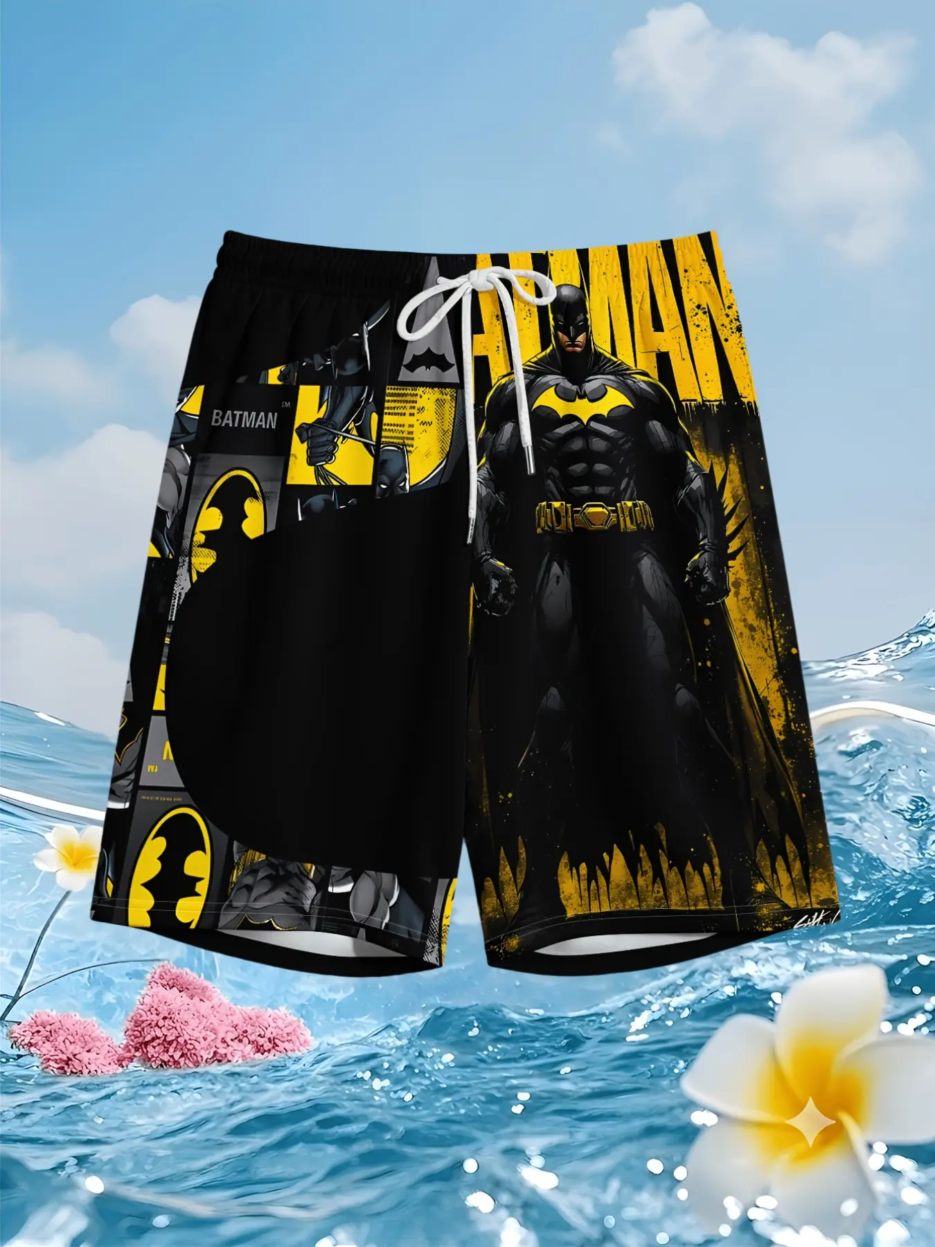 Men's Batman Theme Print Beach Pants, Base with Bat Logo, Comic Style Batman Head, High Contrast, Streetwear Texture