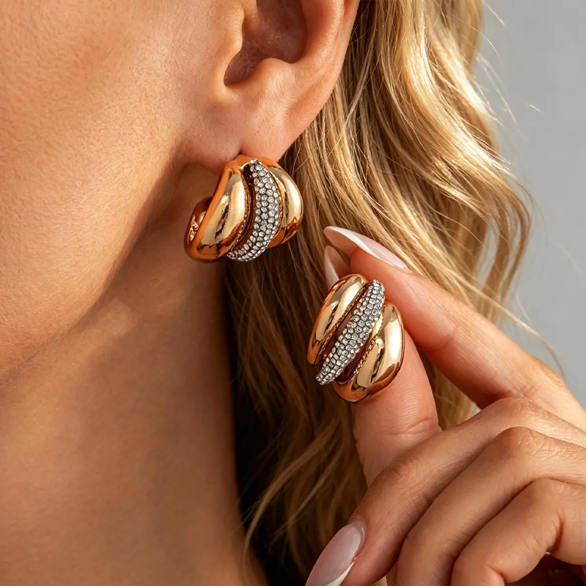 Gold Plated Chunky Earrings for Women, Twisted Dome with Large Pave Crystal Stones, Lightweight Expensive-Looking Statement Jewelry, Chunky Jewelry, Chunky Twisted Dome Sparkling Center Accent