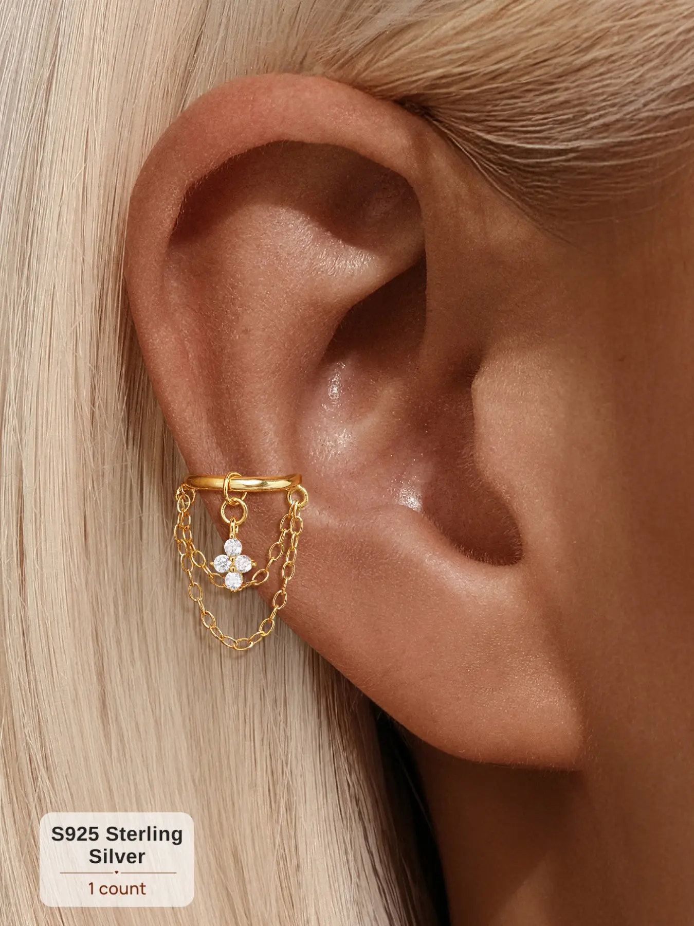 Platinum-Plated S925 Sterling Silver Double-Layer Tassel Hoop Floral Earrings featuring Four-Leaf Petal and Diamond Accents — Hypoallergenic Material, Suitable for Cartilage Piercings. Ideal for Holiday Gifts, Weddings & Parties, and Everyday Wear.