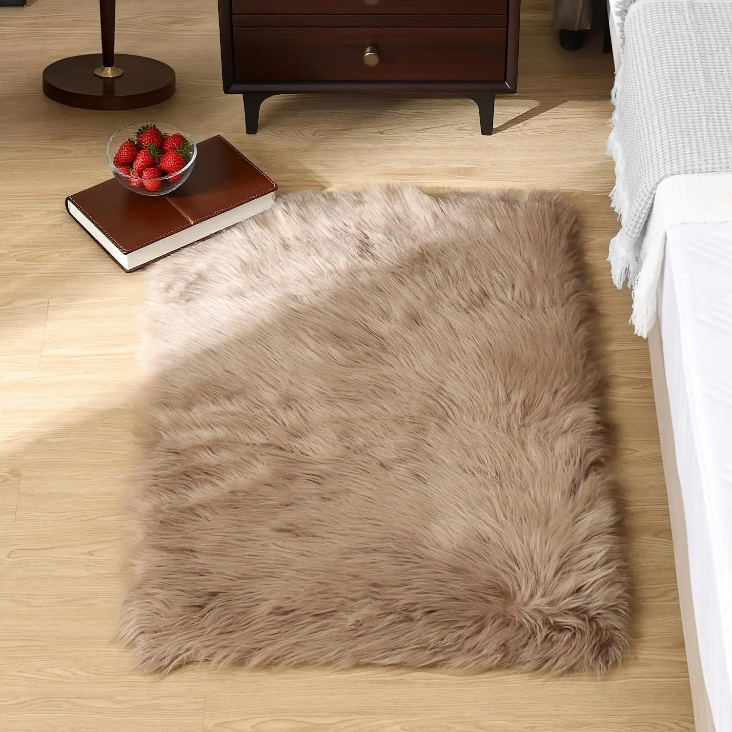 Faux Fur Dog & Cat Rug - Light Brown Beige, 2x3, Soft Texture, Shaggy Look, Washable Rug for Bedroom, Office Area Decor, Small Rectangle Furry Pet Furniture Accessory