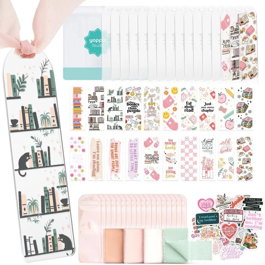 6x2”  Bookmark Blanks- 20 Set Bookmark Making Kit with 20 UV DTF Stickers About Booklover Theme 20 Ribbon 80 Bookish Stickers for DIY Your Crafts  for Book Lover