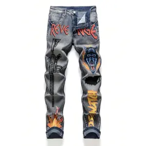 Men's Jeans With Alphabet Graffiti - Comfortable Stretch Denim For Streetwear Elegance Men Jeans , Fashion Men S Clothing, Straight-Leg Wide-Leg Stretch All-Season Streetwear Y2K Vintage Wash Fabric Menswear Set Blue Trouser Pants