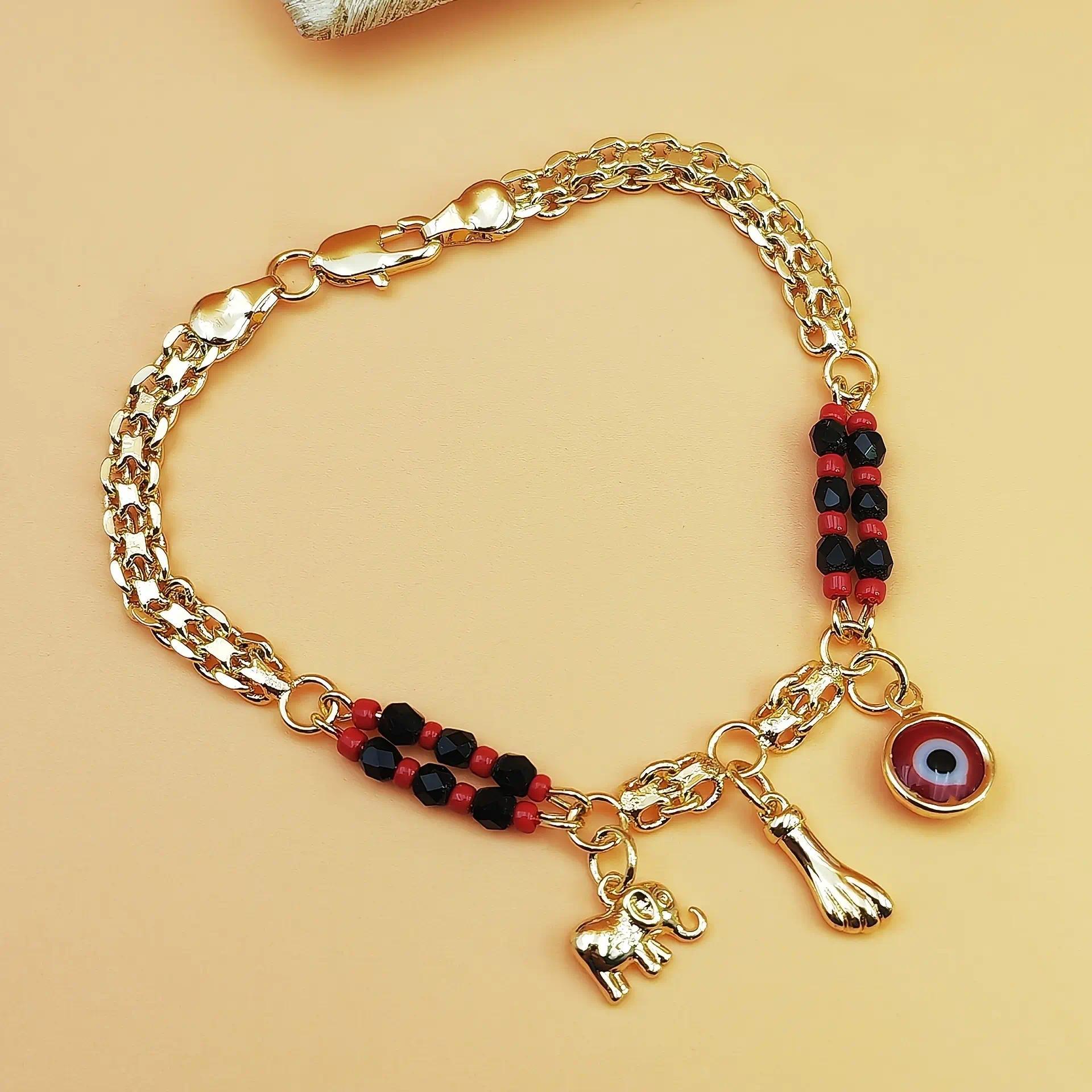 Boho Red & Black Beaded Elephant Charm Bracelet, Gold Plated Copper Evil Eye Symbol & Elephant Pendant, Perfect for Parties, Music Festivals & Year-Round Wear, Ideal Bohemian Gift for Her