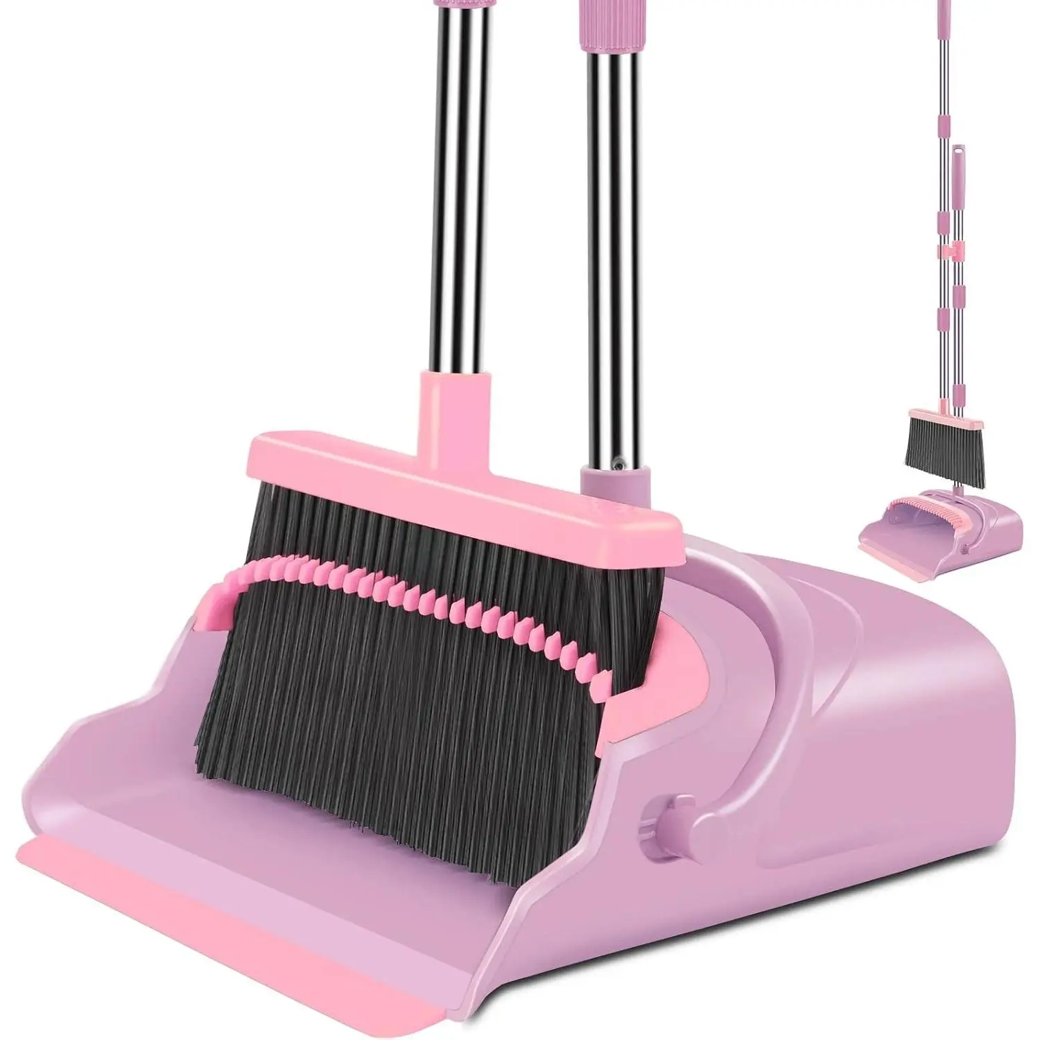Stand-Up Bristle Broom and Rubber Dustpan Set - Extendable, Comfortable Cleaning Tool for Home, Office Use (Pink)
