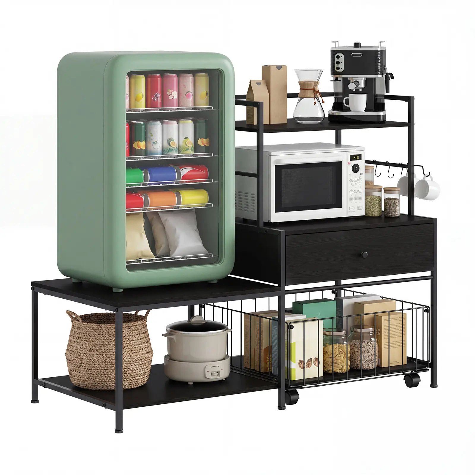35.8" Mini Fridge Stand with Storage & Metal Drawers – L-Shaped 5-Tier Microwave Stand & Coffee Station for Dorm, Office