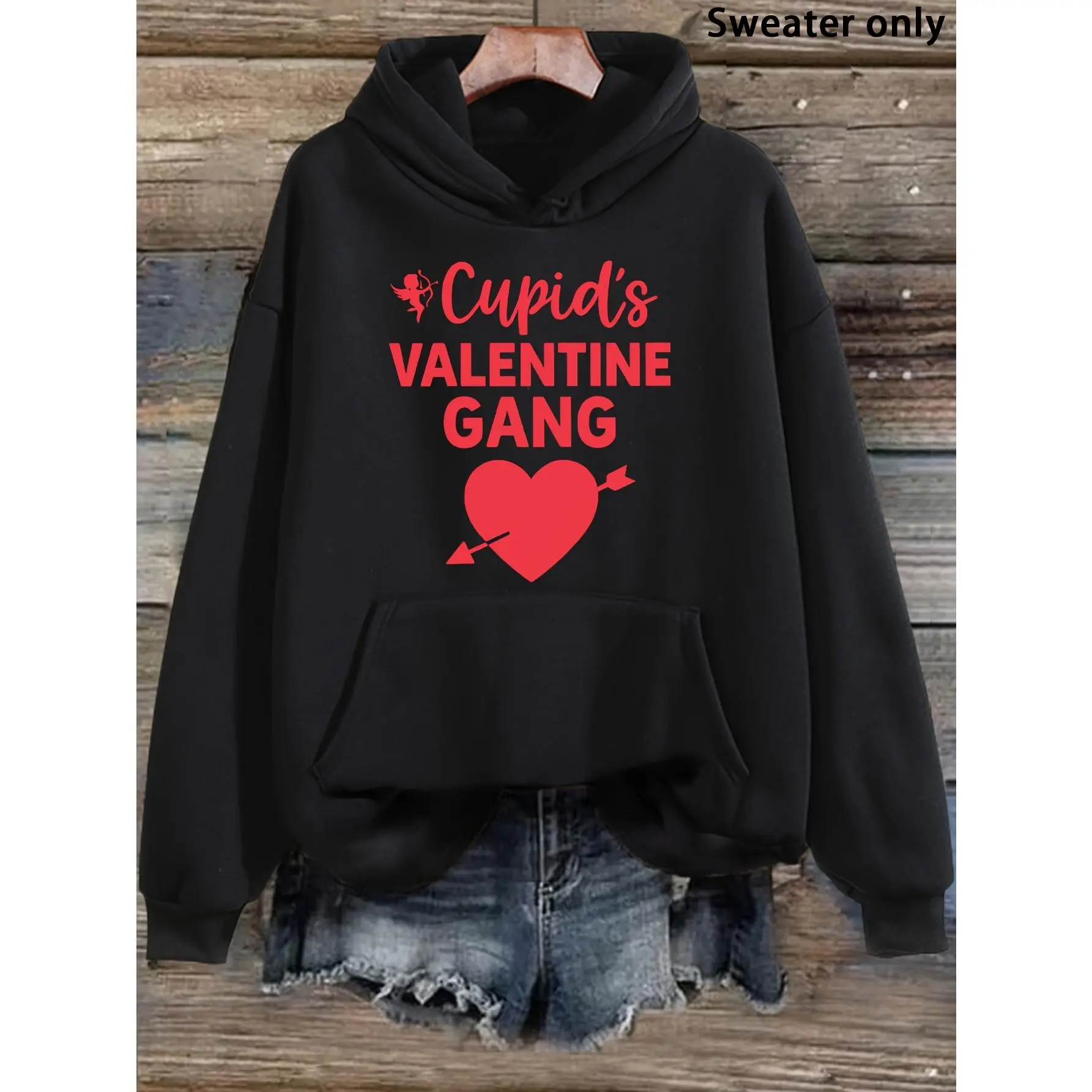 Women's "Cupid's Valentine Gang" Heart & Arrow Print Hoodie, Casual Long Sleeve Sweatshirt with Kangaroo Pocket, Romantic & Holiday Aesthetic Graphic Pullover for Daily Wear
