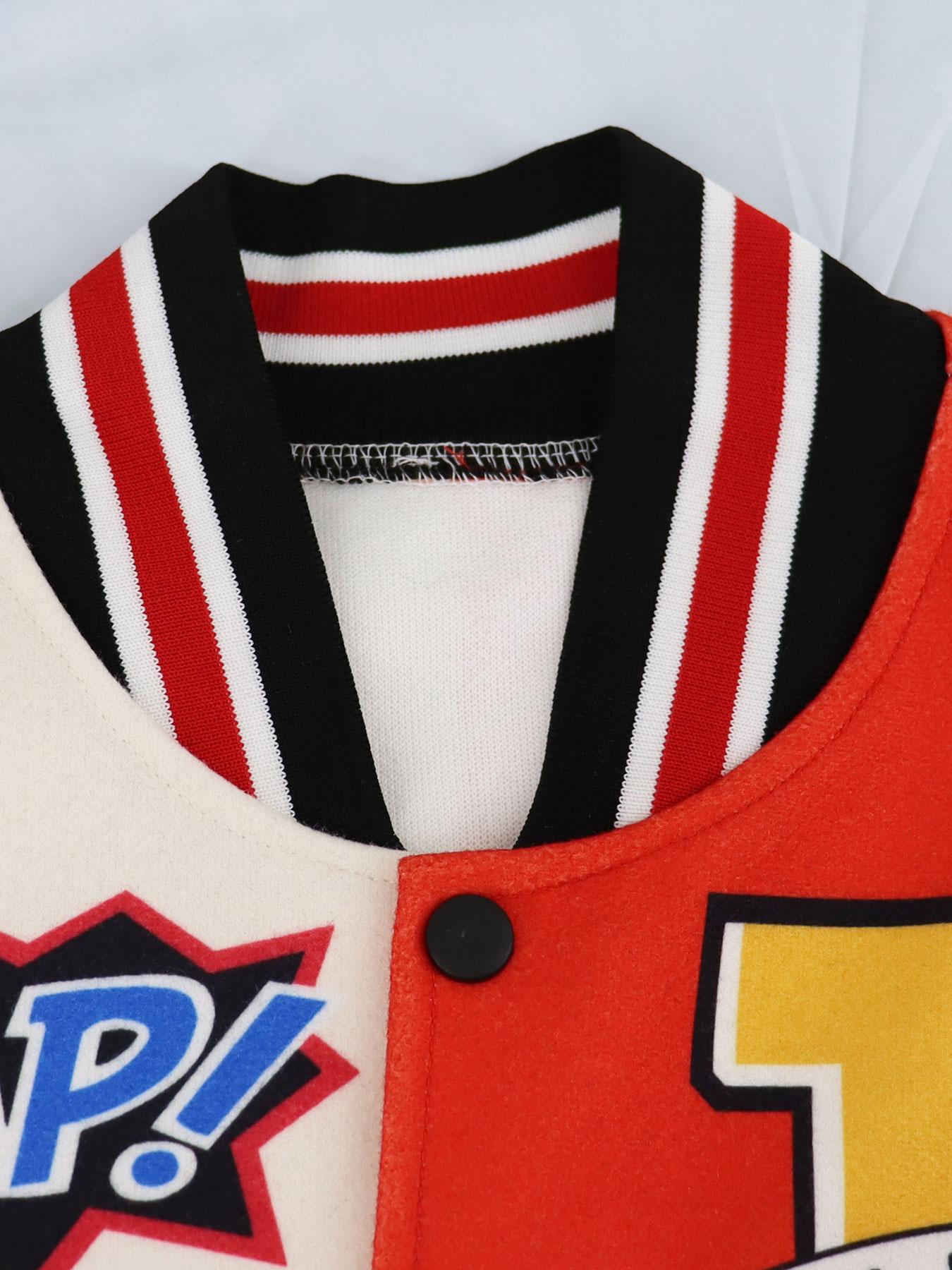Women's Colorblock Letter & Striped Print Button Varsity Jersey Fitted Jacket, Casual Drop Shoulder Mock Neck Long Sleeve Outerwear, Ladies Spring & Fall Clothes