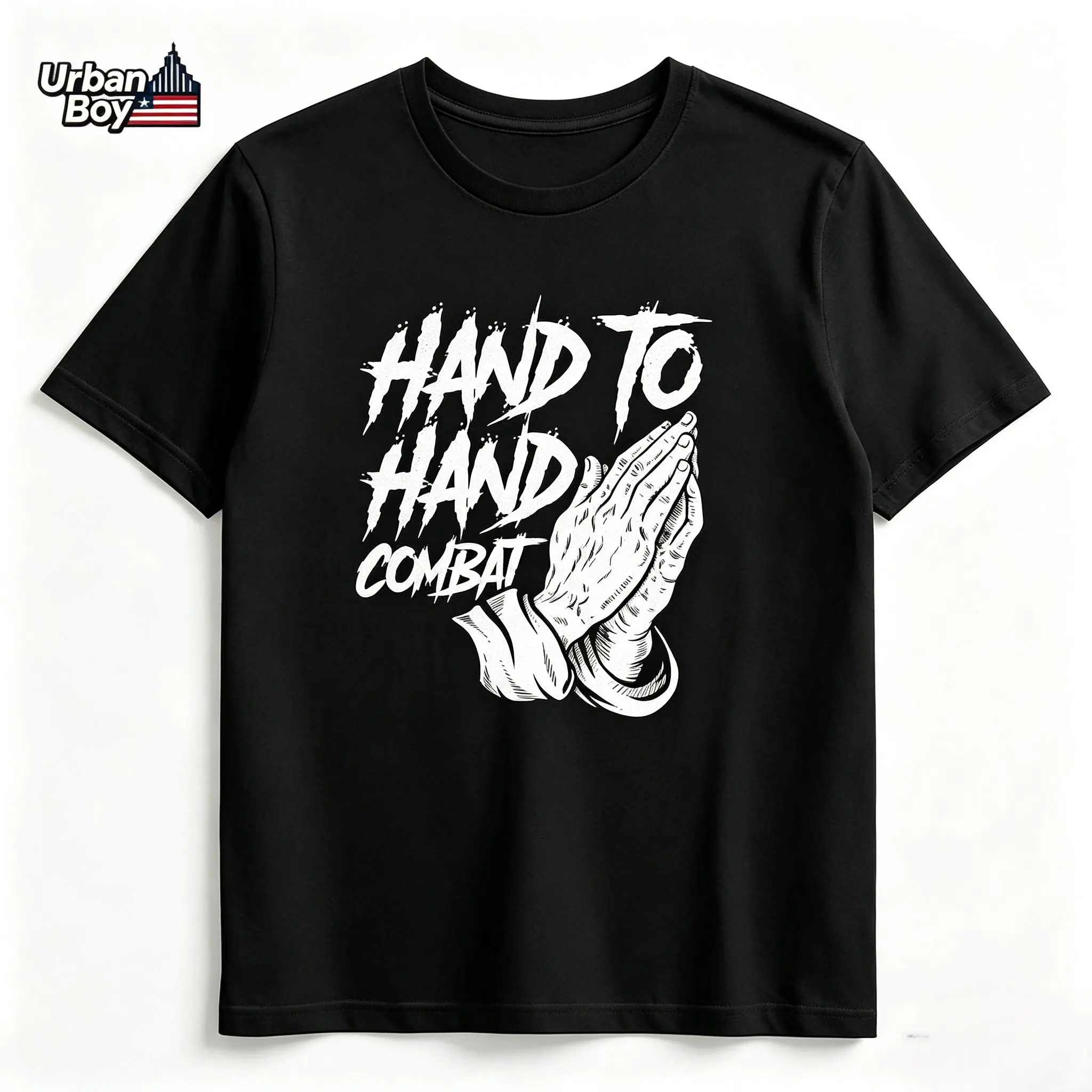 100% Cotton Hand to Hand Combat Graphic T-Shirt, Funny Praying Hands Wordplay Vintage Crew Neck Short Sleeve Casual Tee for Men and Women