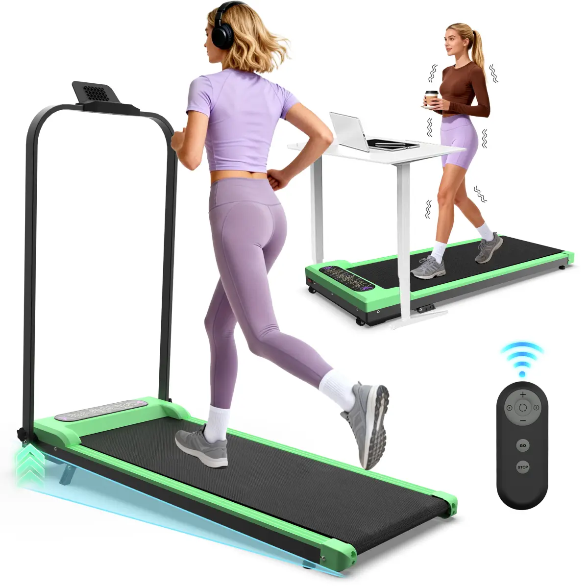 2-in-1 Folding Under Desk Walking Pad Treadmill with Manual Incline Walk, Handlebar, Vibration Plate, Remote Control, 300 lbs Capacity, Compact Portable for Home Office Fitness, Inclined Walk