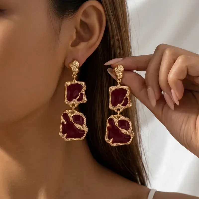 Burgundy Enamel Dangle Earrings, Hammered Gold Statement Drop Earrings for Party and Daily Wear