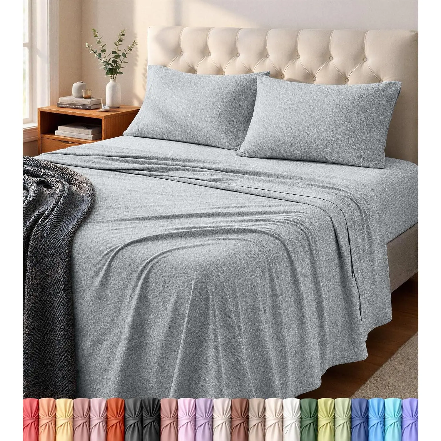 Jersey Knit Sheets 4 count,  T-Shirt Feel, , Heather Light Grey | Stretchable 4 count Set, Super Soft  & Breathable, Secure Fit, Easy-Care, Wrinkle Resistant, Durable, -