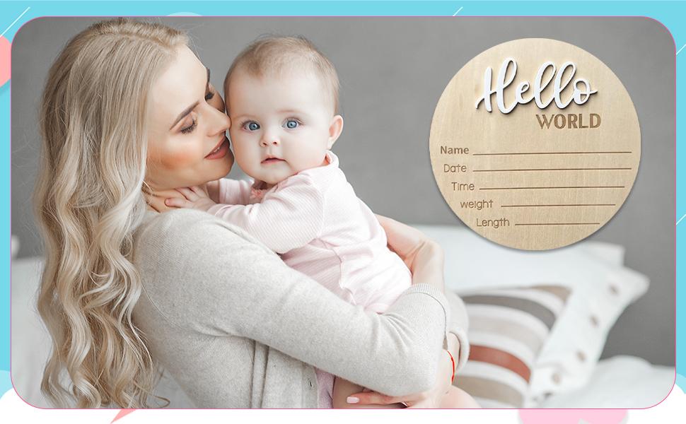 Baby Announcement Sign,​5.9 Inch Wooden Hello World Newborn Signs, Birth Announcement Sign, Baby Shower Hospital Nursery for Newborn Boys and Girls (White)