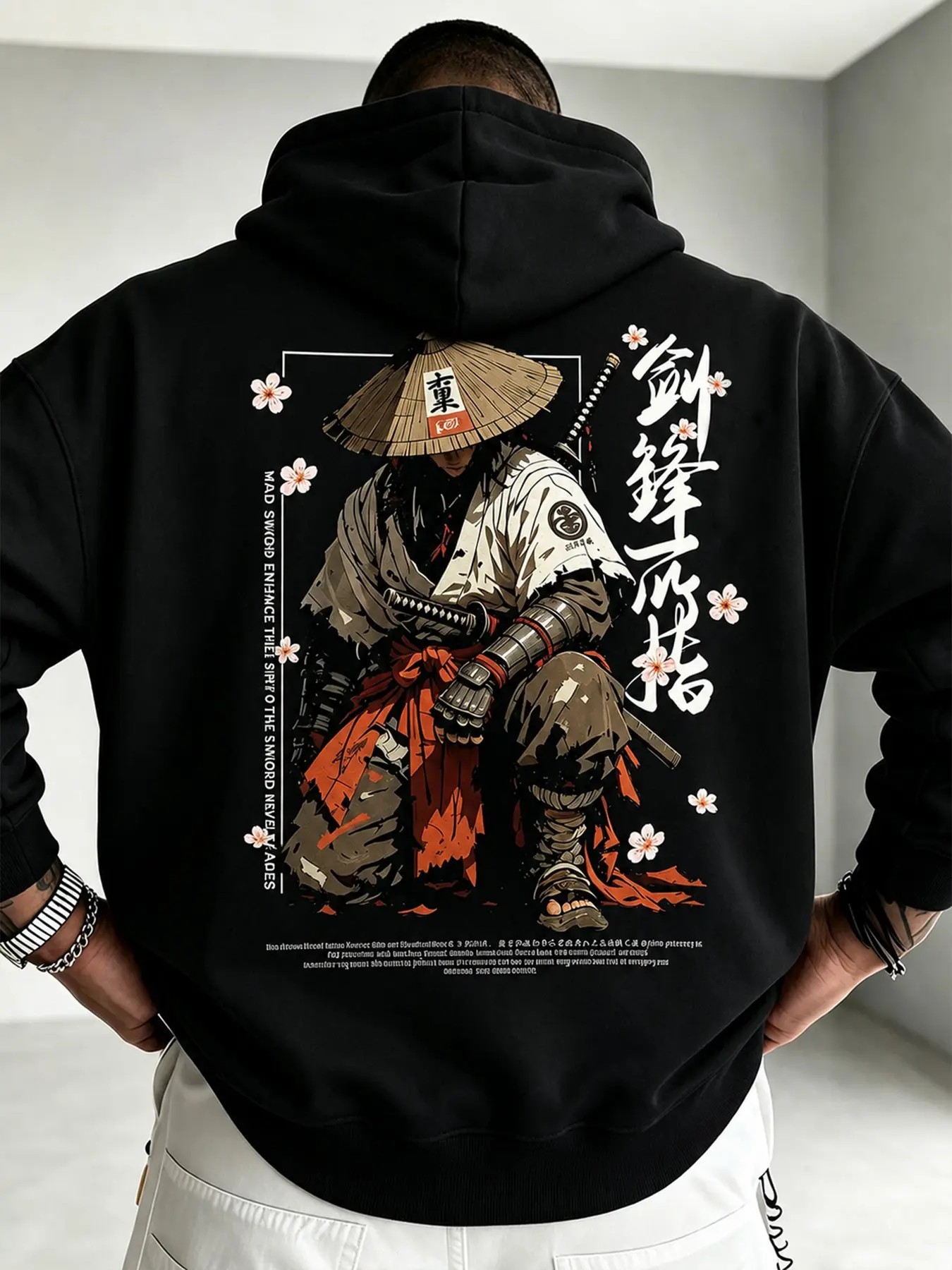 Men's Streetwear Ninja Print Hoodie, Long Sleeve Loose Fit Pullover, Fall Winter Casual Jersey Jacket, Japanese Style Graphic Top