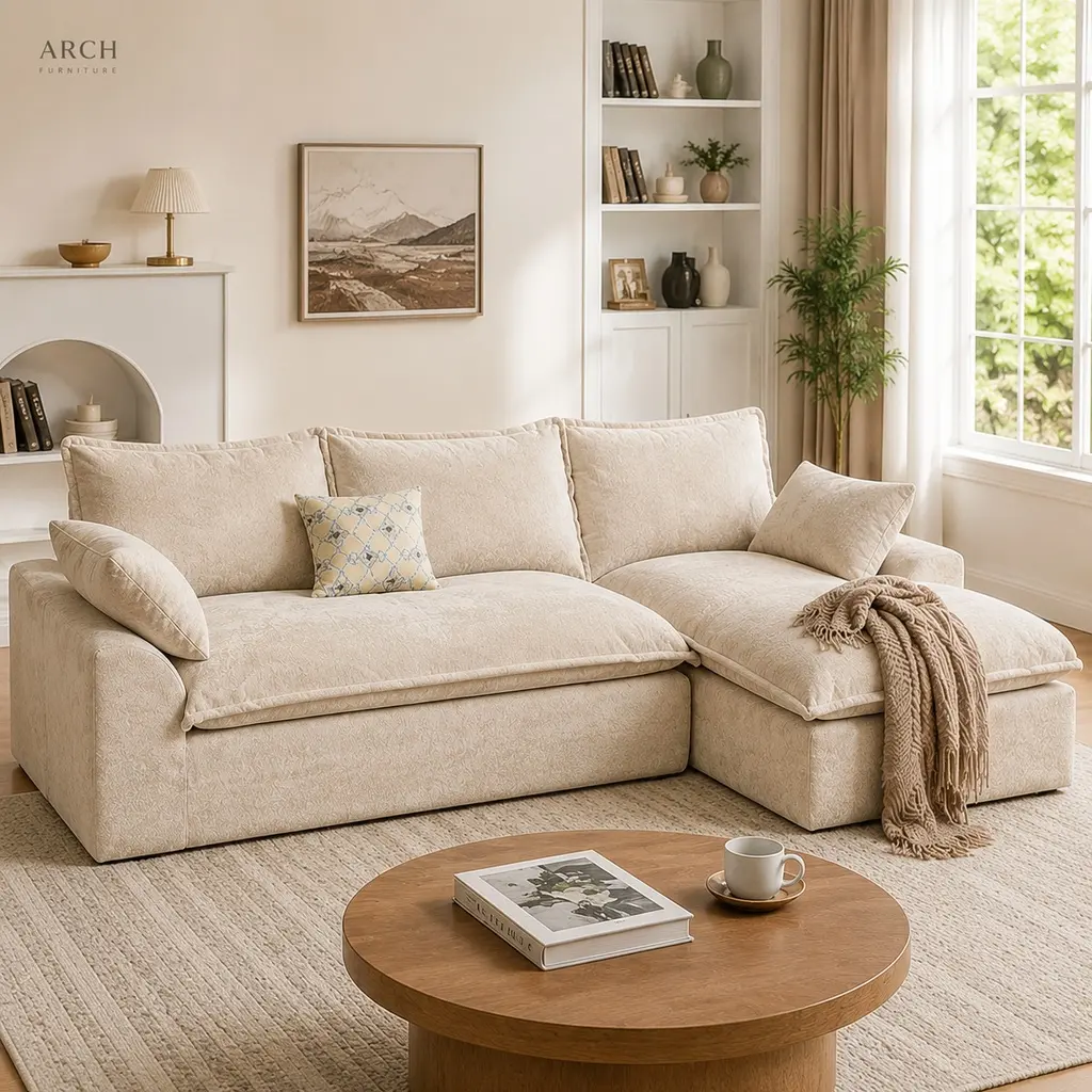 Chenille Upholstered ARCH L-Shaped Modular Comfy Couch - 3-Seat Flexible Configuration Sofa with Deep Seats, High Back, Body-Hugging Feel, Durable Foam, Cushion, Fully Assembled for Living Room, Beige, Chenille Upholstered Sofa, Flexible Configuration Sof