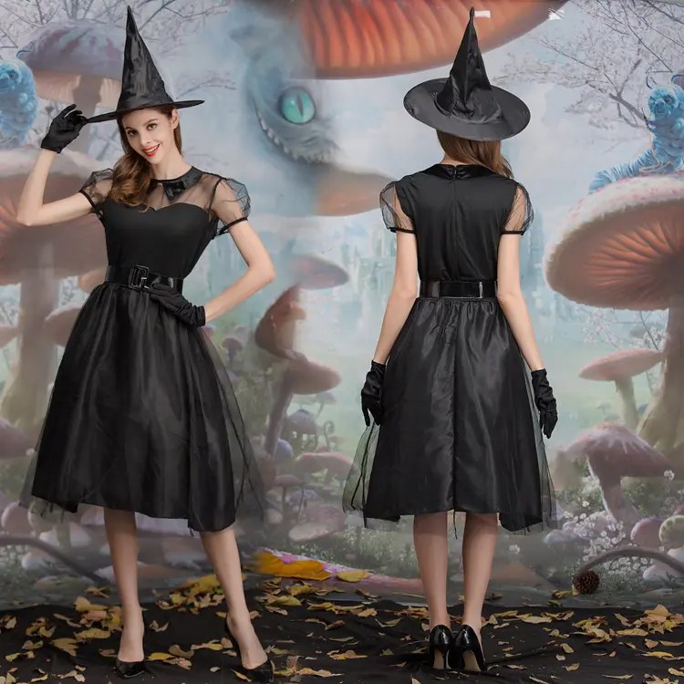 Black Sexy Hollow Mesh Witch Outfit Halloween Party Witch Cosplay Performance Costume Apparel