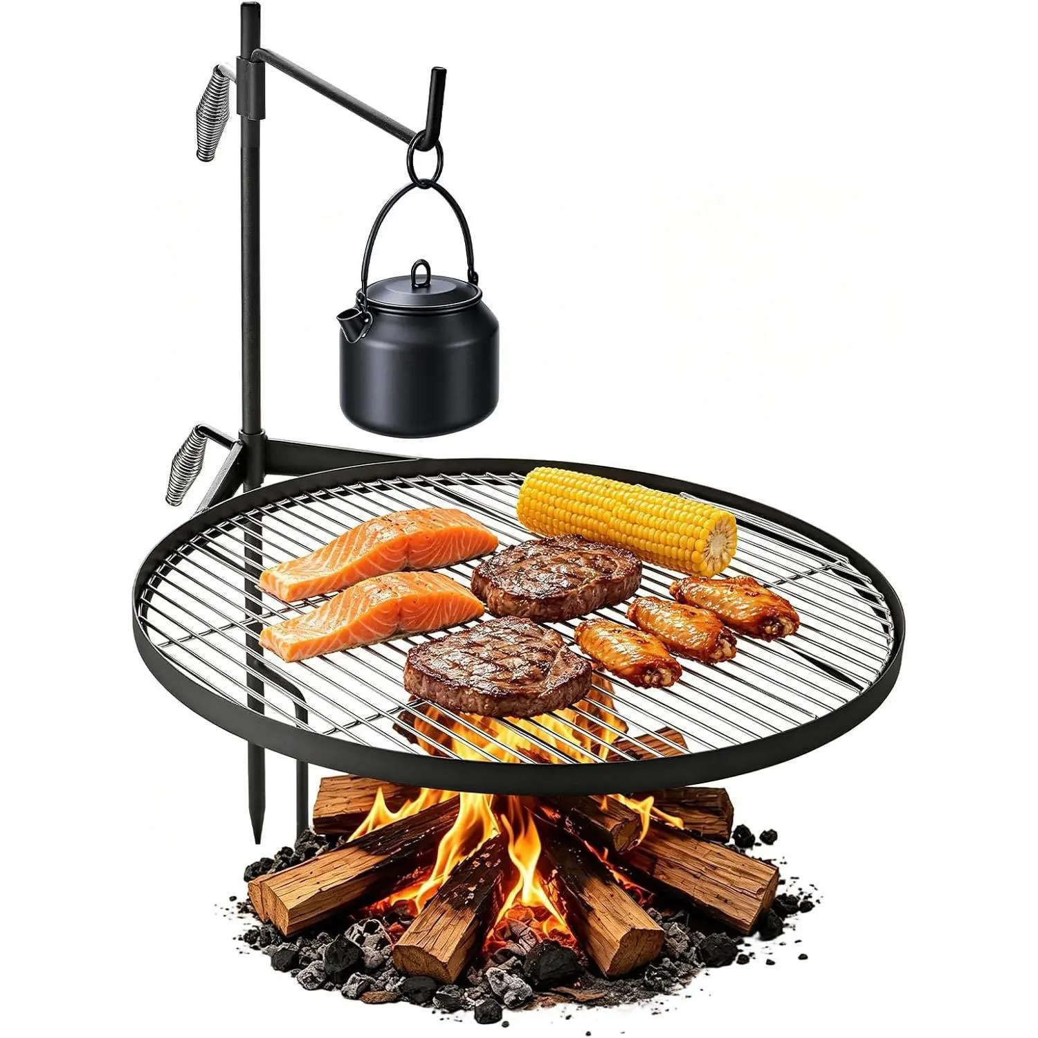 VEVOR Heavy Duty Swivel Campfire Grill, 24.4" Round Portable Camping Grill Grate, Sturdy Steel BBQ Mesh, 360° Height Adjustable Over Fire Pit with Support Rod, for Outdoor Open Flame Cooking, Black