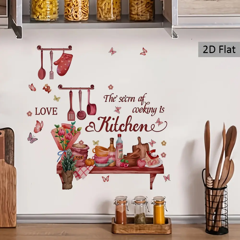 2D Flat Kitchen Heart Wall Sticker, Adhesive Decals, Rural Style Art Decor, Fun Cooking Theme, Holiday Gift, for Restaurant, Kitchen, Bakery, Cabinet