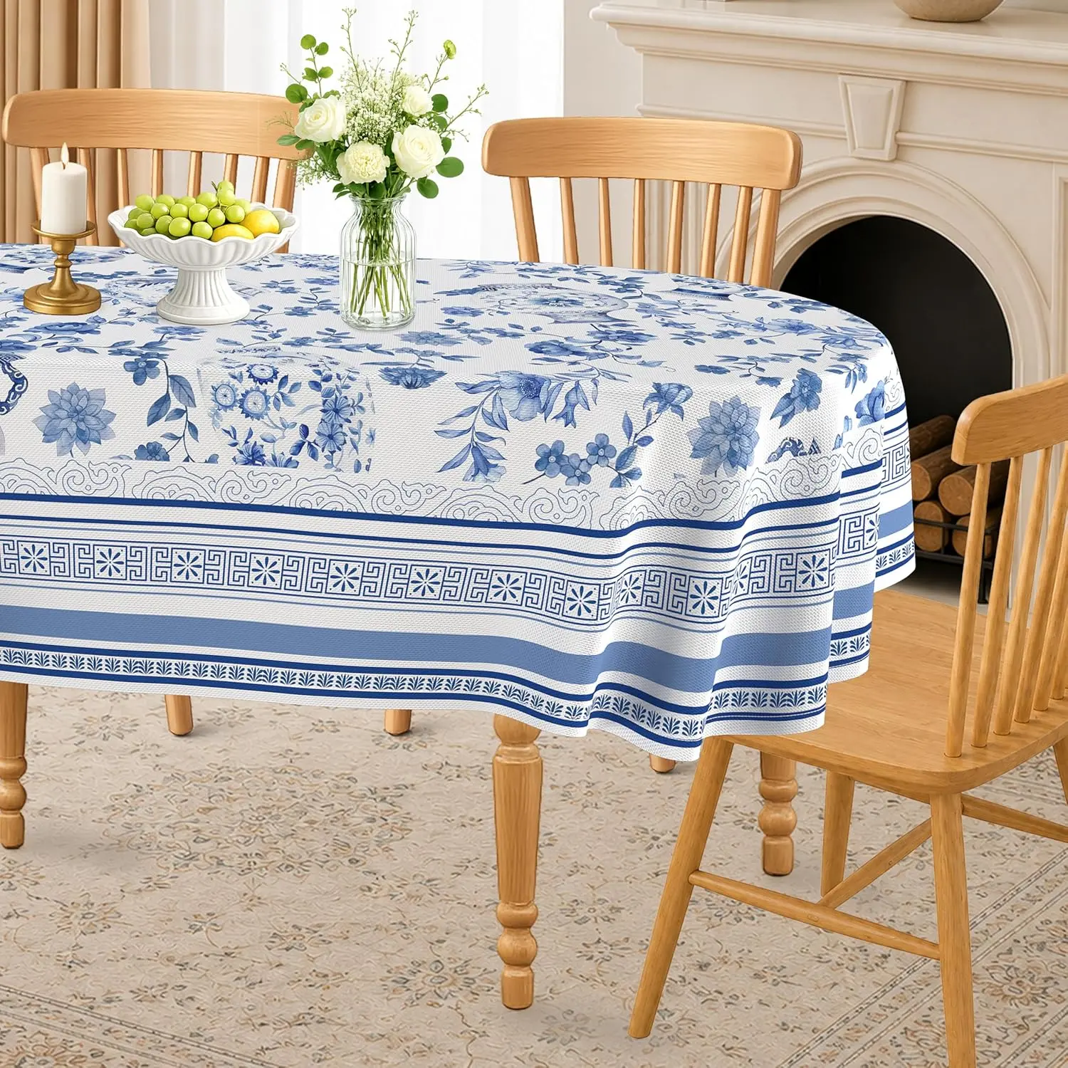 60x84 Inch Oval Tablecloth, French Toile Blue Vase Blue-White Floral Vintage Country Tablecover, Waterproof Polyester Rustic Decor for Farmhouse, Multi-Size Option Available for Kitchen Use