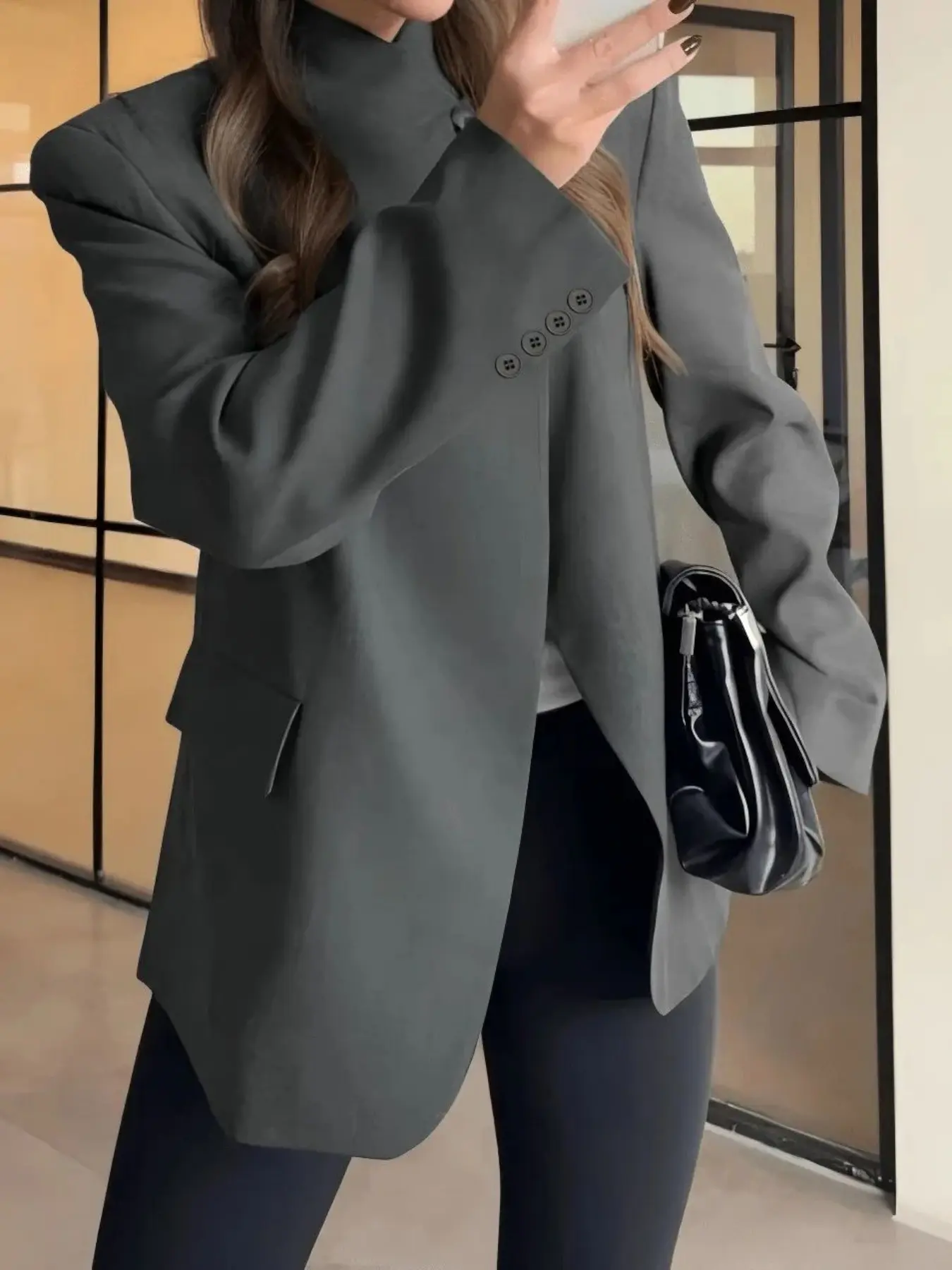 Deep Stand Collar Asymmetric Single Button Long Sleeve Loose Fit Minimalist Suit Jacket, Stylish and Comfortable Outerwear