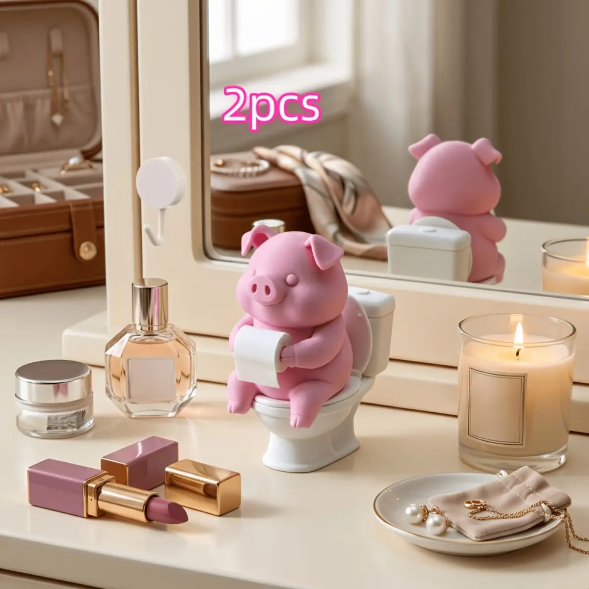 2 Pack Pink Pig Sitting on Toilet Statues Resin Figurines Creative Desk Decor with Adhesive Hook Base Cute Piggy Sculpture Ornament for Bathroom Car Dashboard Vanity Dresser Christmas Easter Gift Home Aesthetic Accent