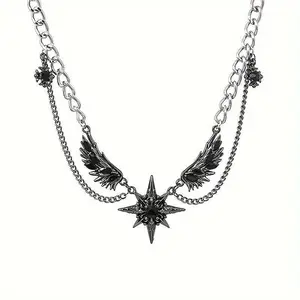 Gothic Punk Collar Necklace with North Star Wings, Layered Cuban Link Chain with Shimmering Black Crystals, Unisex Bag Charm Accessory, Fashion Necklace