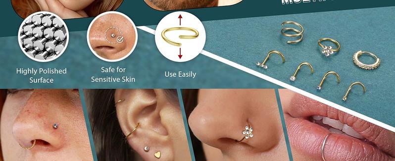 THUNARAZ 32 Pcs Exquisite L Shape Straight Corkscrew Nose Rings Studs for Women Men 18G 20G Hypoallergenic Surgical Stainless Steel Retainer Clear Nose Rings Hoops Cartilage Helix Tragus Piercing Jewelry for Summer Holiday Christmas Gift