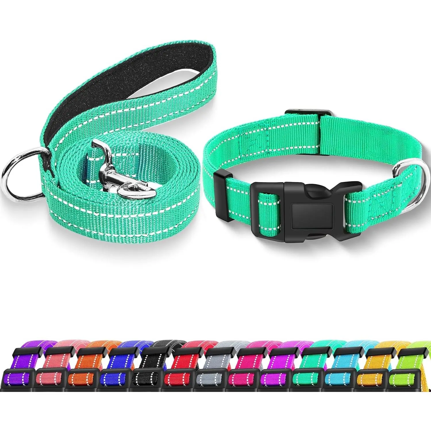 Reflective Dog Collar with Safety Locking Buckle, Adjustable Soft Breathable Nylon Collars for Small, Medium and Large Dogs(Collar+Leash XS Width 5/8" Turquoise)