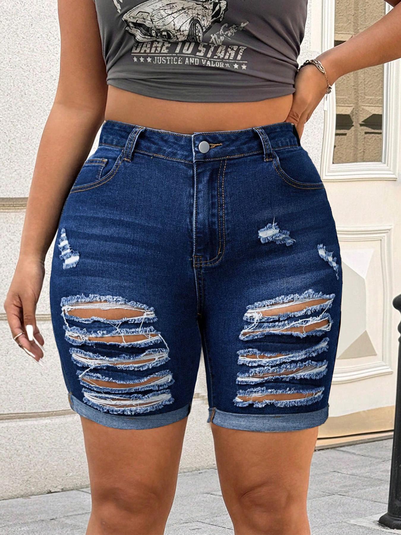 【Plus Size】 Ripped Button Fly Dark Wash Denim Shorts, Casual Street Fashion Pocket Design Denim Shorts for Daily Outdoor Wear, Women Plus Clothing for Summer