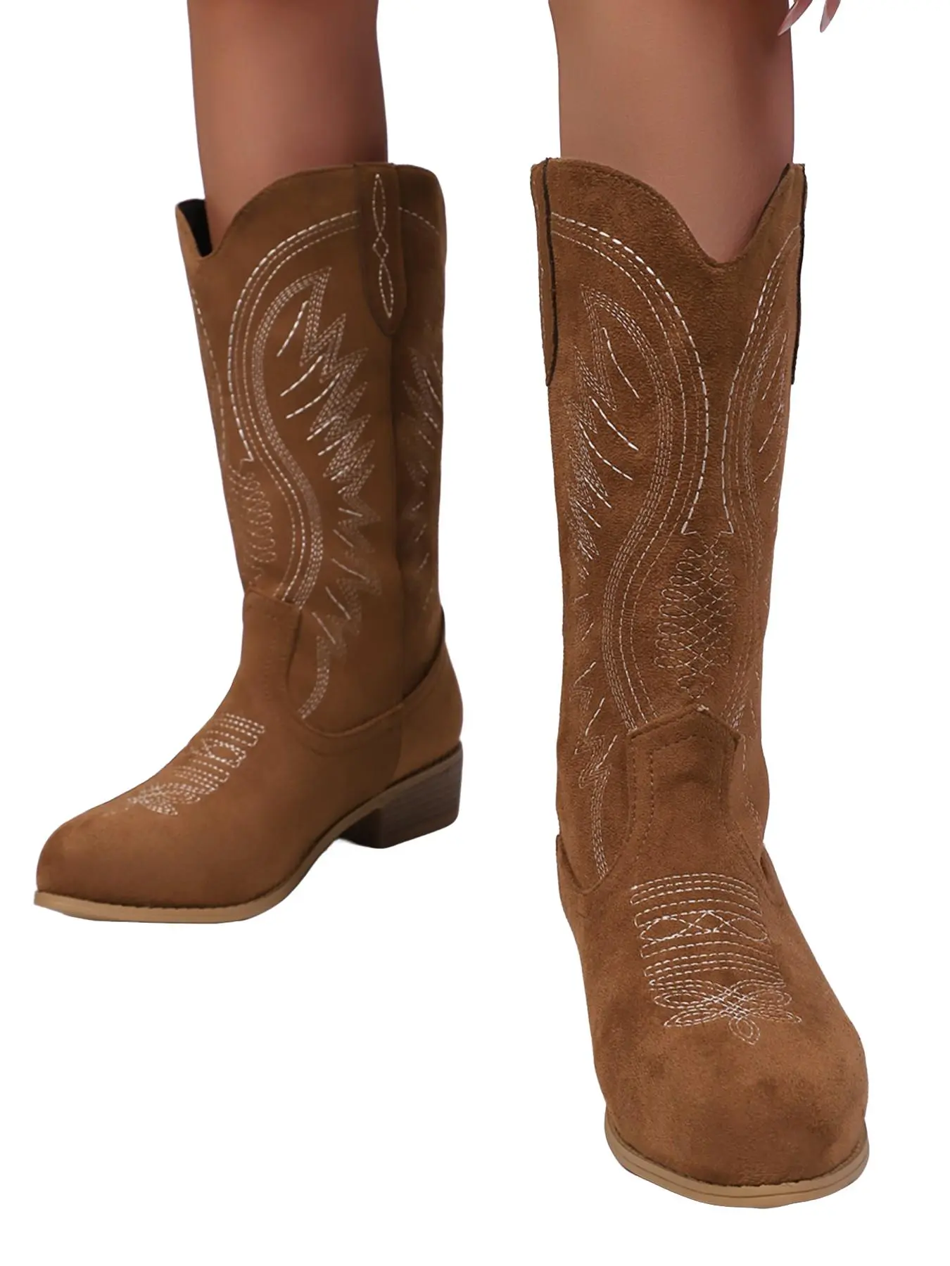 American Vintage Embroidered Western Cowboy Mid-Calf Boots for Women, Sandal Leather Thick Heel Round Toe Casual Knight Boots, Thick Heeled Boots