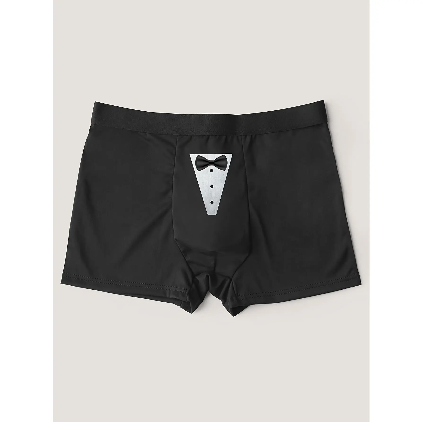 Men's Formal Stretch Elastic Polyester Boxer Briefs - Tuxedo Bow Tie Print, Vest-Compatible, Wide Waist, Playful Vibe, Minimalist Wedding Groom Novelty Underwear, Gag Gift Underpants, Soft Stylish Menswear