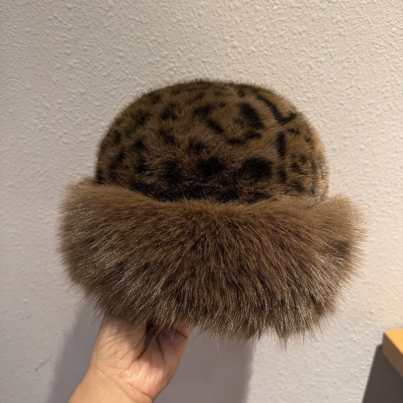 Female Leopard Print Faux Fur Beanie, Winter Warm Fluffy Soft Plush Headwear, Fashion Casual Streetwear Accessory for Cold Weather, Luxury Style Gift for Women, Fluffy Cap