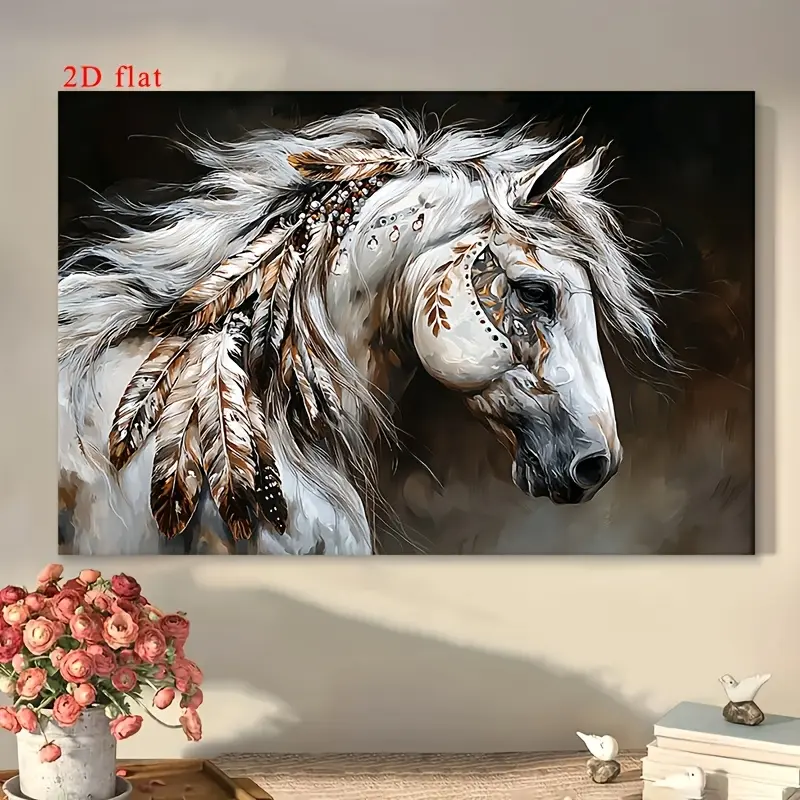 2D Flat, 1Pc Vintage Farmhouse War Horse Wooden Frame Decorative Painting, Equestrian Theme Oil Painting for Home, Bedroom, Christmas and Valentine's Day Decoration, Wooden Frame Horse Pattern, Excellent Christmas Decoration
