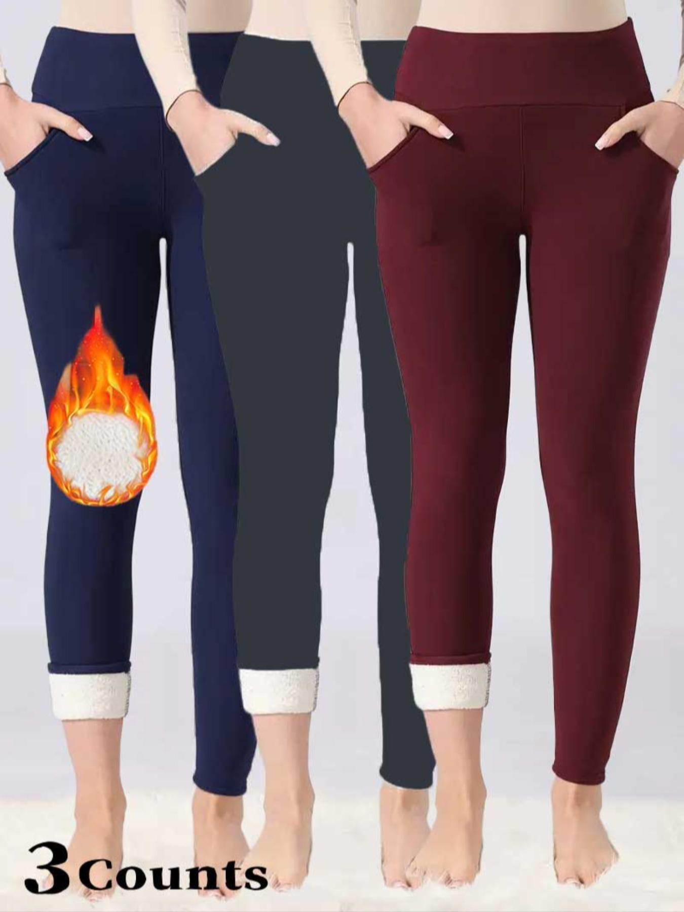 Women's Solid High-Waisted Thermal Lined Sports Leggings, Casual Comfy Warm Skinny Pants with Pocket for Yoga, Workout and Running, Ladies Sportswear for Fall & Winter