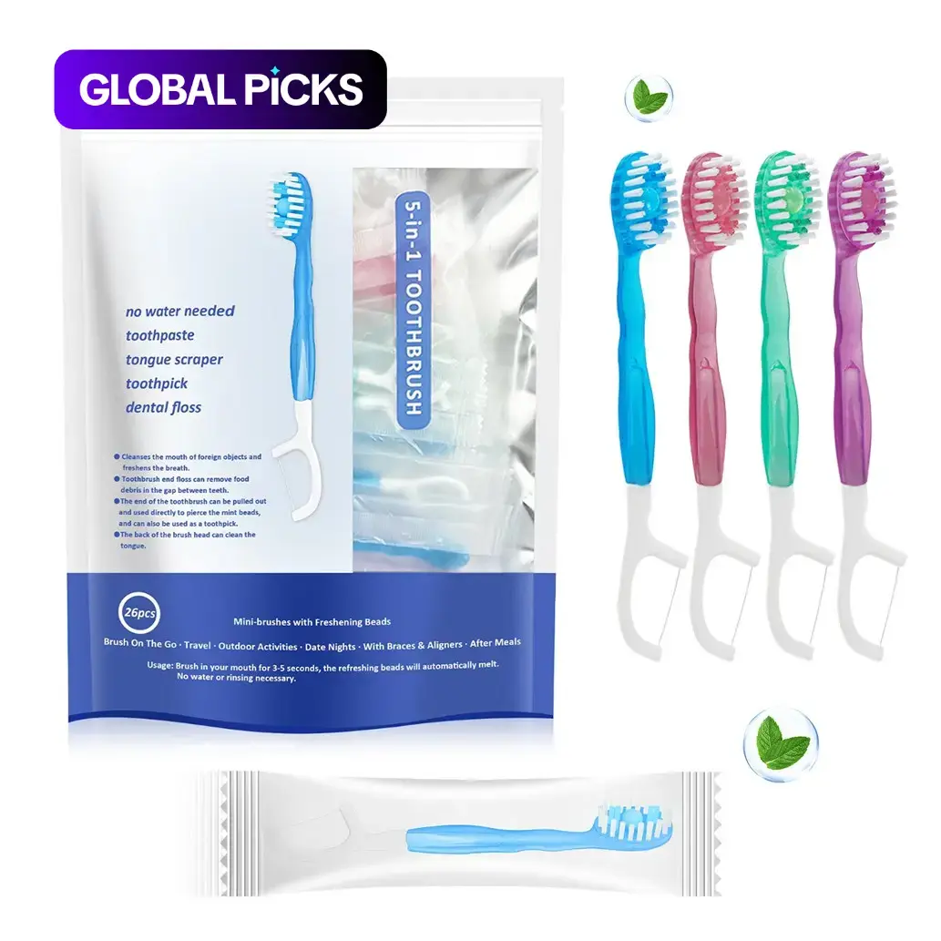 5-in-1 Toothbrush with Functions: Brushing, Flossing, Tongue Scraping & Tooth Picking, 26-Piece Soft-Bristle Oral Care Toothbrush for Travel and Business Trips, Travel Toothbrushes