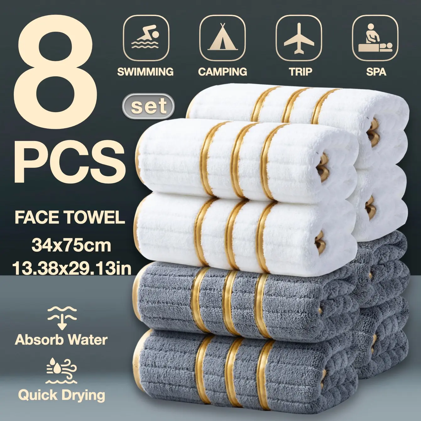 8-Pack High-Quality Gold Trim Embroidered Face Wash Cloths, Thick Coral Fleece, Super Absorbent, Soft, Durable, Hotel Grade, Home Essentials