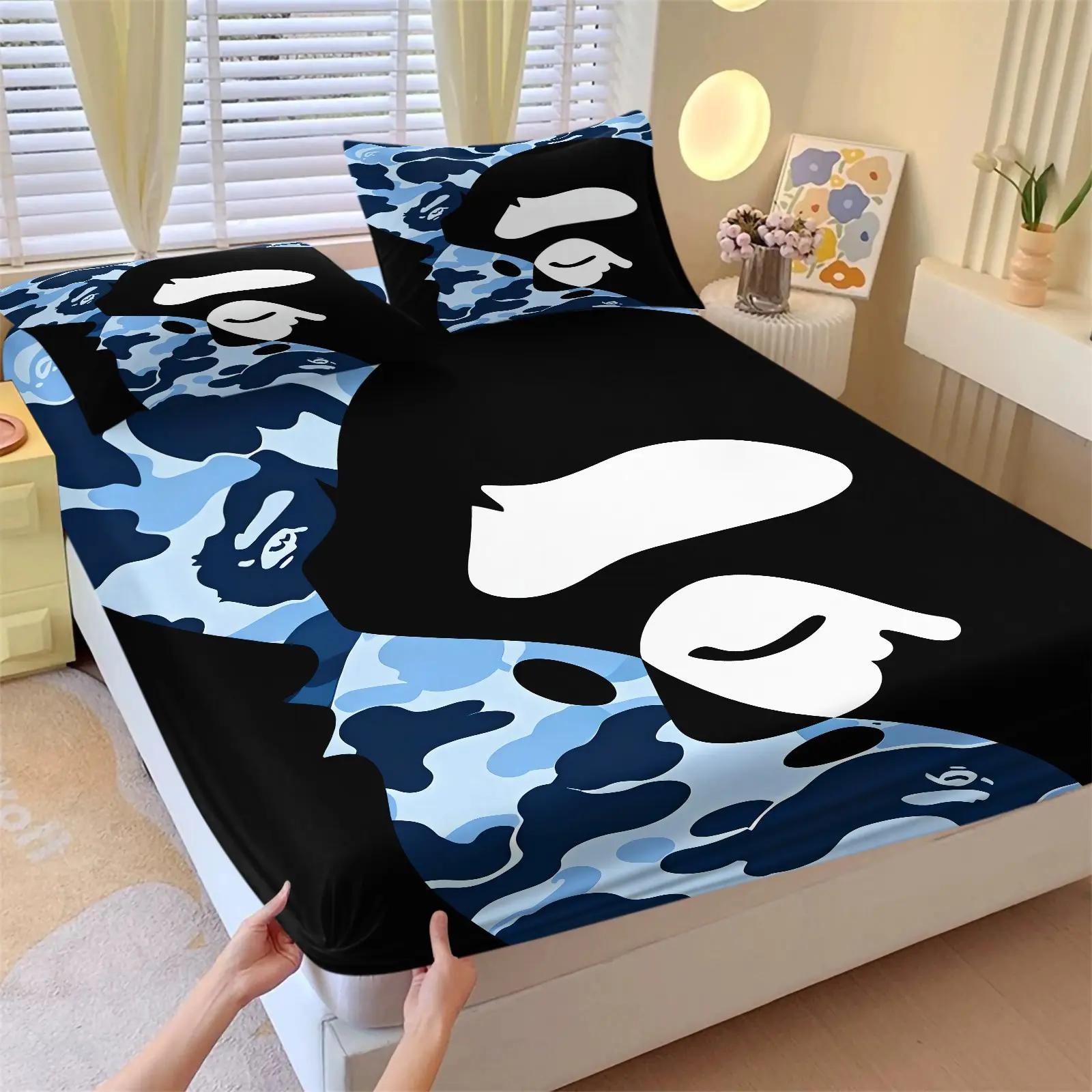 3PCS Blue Camo Ape Head Silhouette Fitted Sheet Set (1 Fitted Sheet + 2 Pillowcases), Soft Comfortable Ultra‑Breathable Skin‑Friendly Fabric, Stretch Deep Pocket, Street Hip‑Hop Bedding, Trendy Room Decor For Youth Breathable Sheets