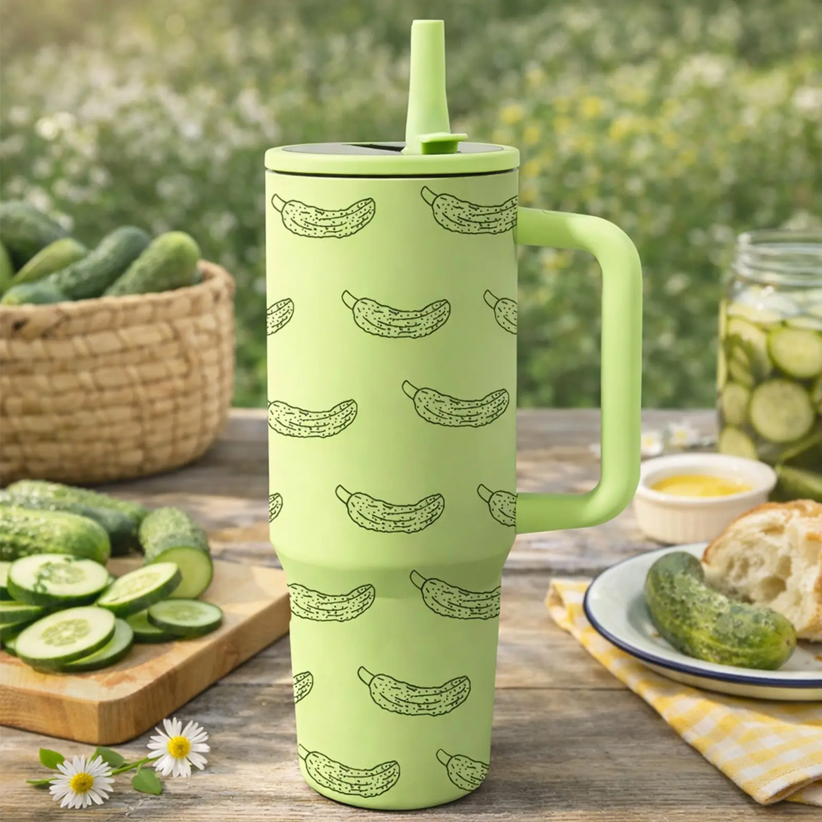 1pc 40oz Stainless Steel Tumbler with Handle and Straw, Funny Pickle Pattern Insulated Thermal Cup, Car Cup Holder Friendly Travel Mug for Coffee and Ice Drinks, Large Capacity Reusable Cup, Funny Gag Gift for Friends