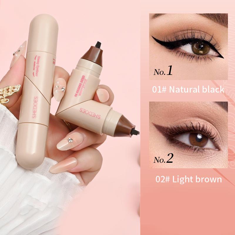 Eyeliner Pen, equipped with a foldable tip, featuring long-lasting, quick-drying, water-resistant and non-fading properties. Eyeliner tool stamp, equipped with lazy dual-head tips (black and brown)
