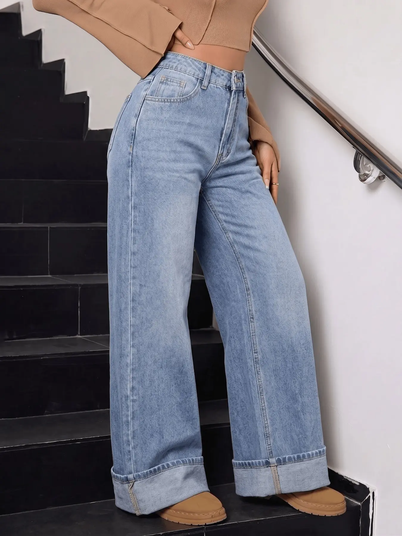 Women's Loose Wide Leg Light Wash Denim Jeans, Folded Hem, Vintage Style, Casual, Comfortable Fit, Perfect for Daily Wear