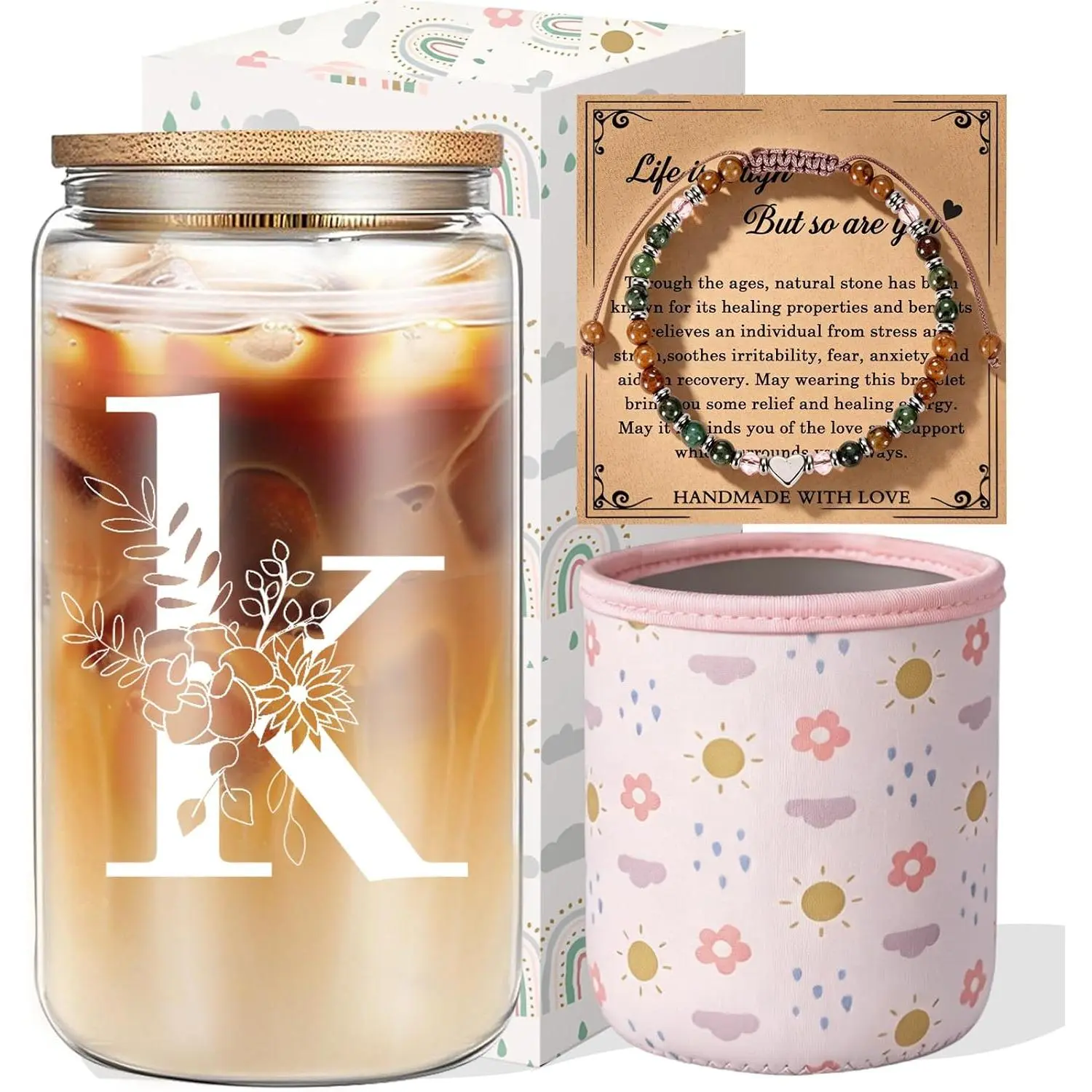 Monogrammed Gifts for Women, Cute Initial Glass Cups with  and Straws, Letter Drinking Cup  Set with  Stone Bracelet, Birthday Gifts for Mom Sister , K